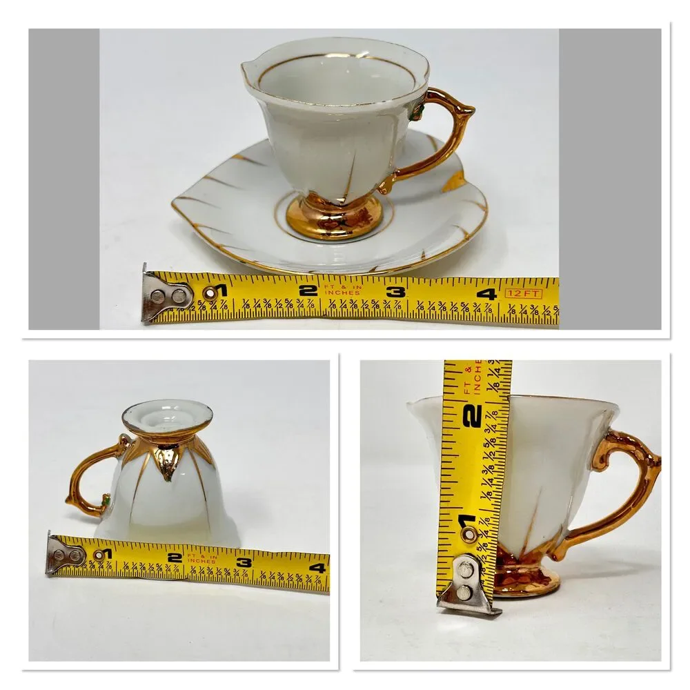 Vintage Inarco Japan White Gold Leaf Demitasse Teacup Saucer Set 2pc E-168-3